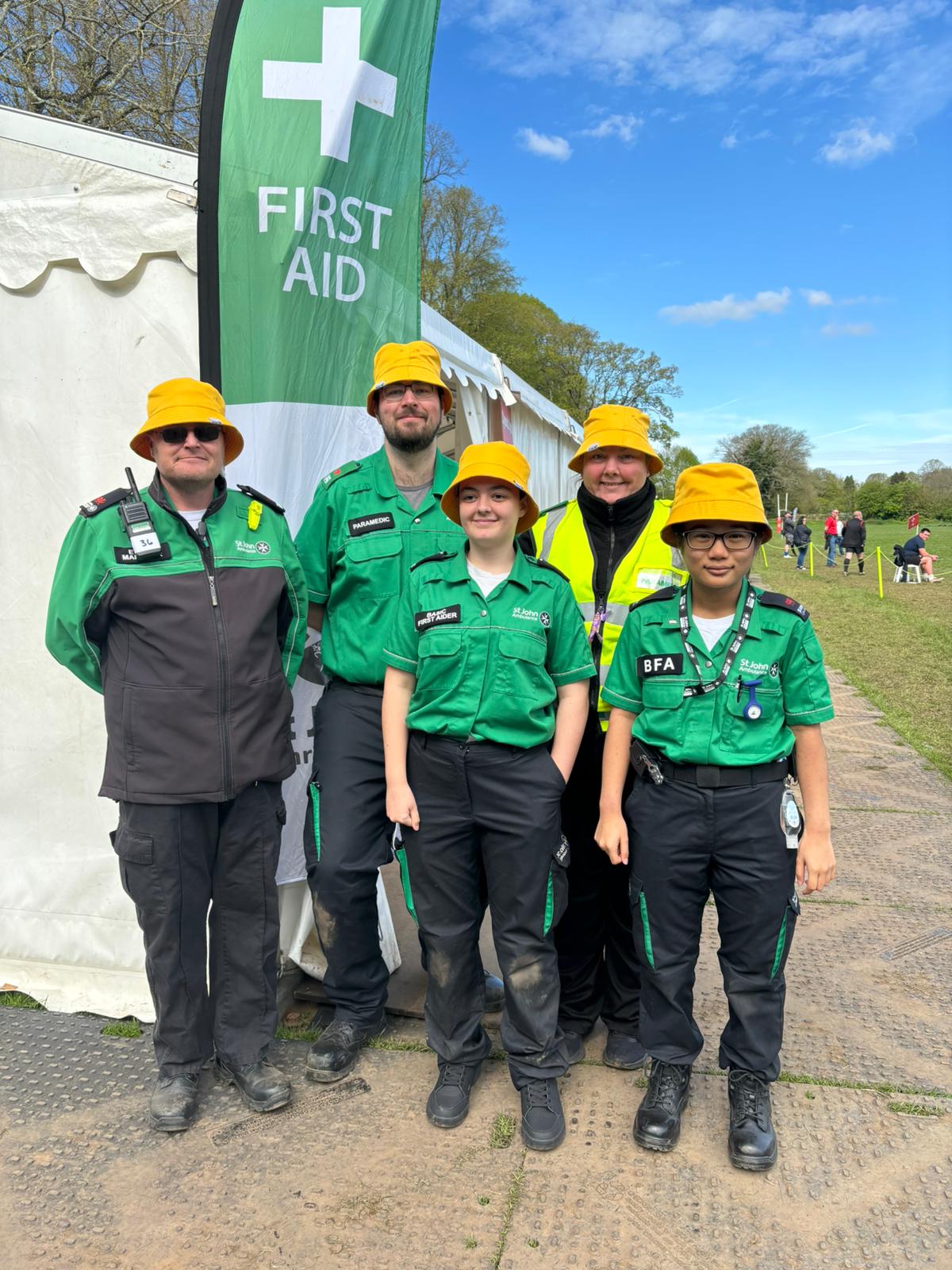 St John Ambulance Cymru volunteers in their brand new bucket hats.